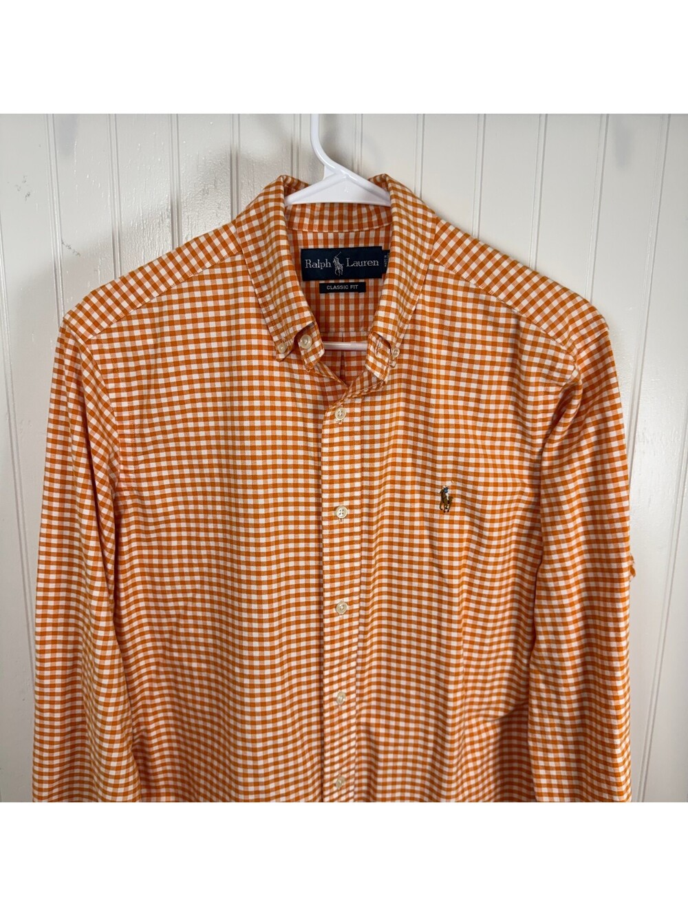Ralph Lauren Classic Fit Orange White Gingham 100% Cotton Button-Down Men's S